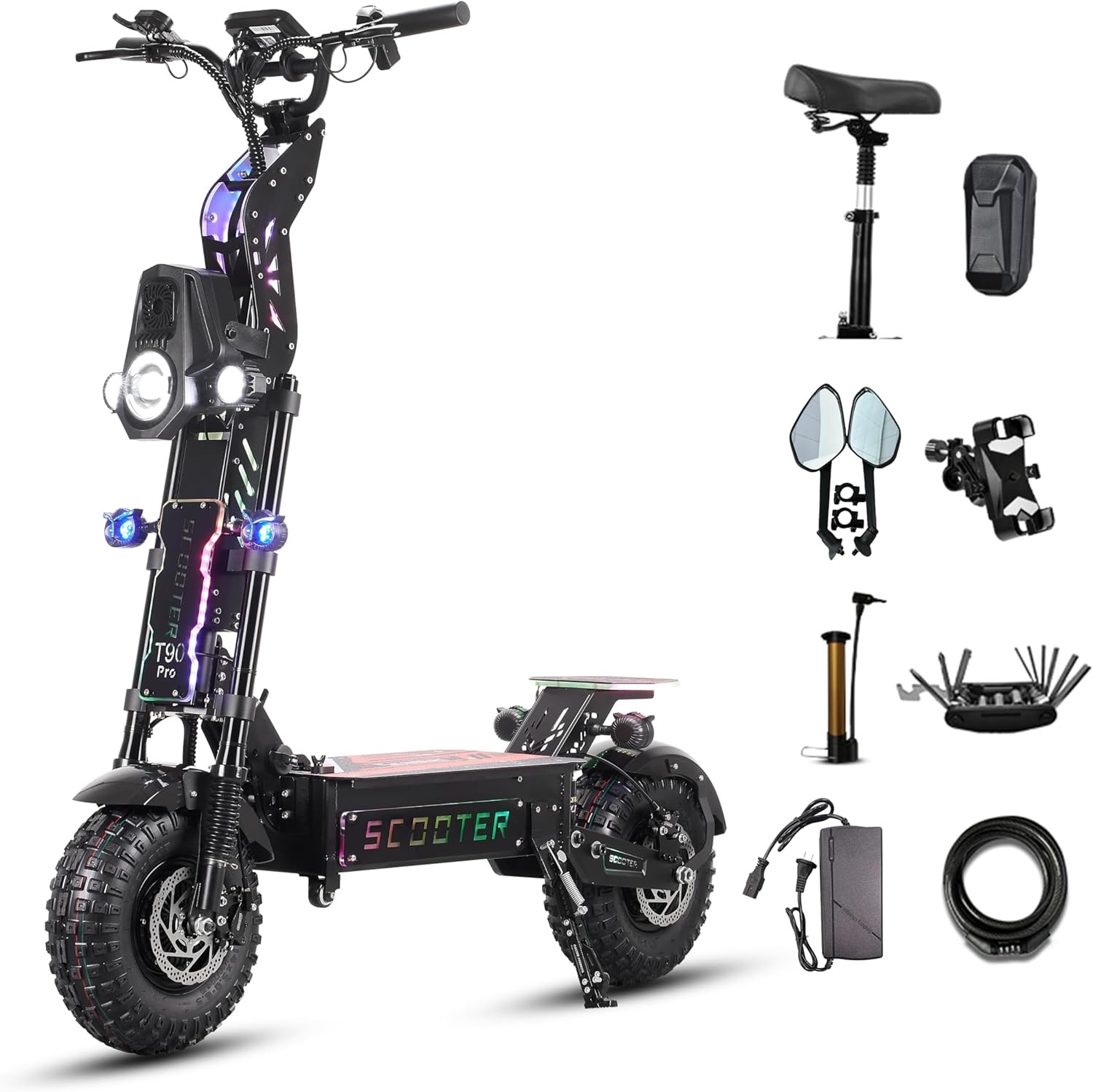 T90 Pro Electric Scooter for Adults, 10000W Dual Motor, 68 MPH Max Speed, 72V Removable Battery, 14" Off-Road Tires 800lbs Max Load, Music Light, Waterproof, 65 Mile Range, Fast E-Scooter🔥