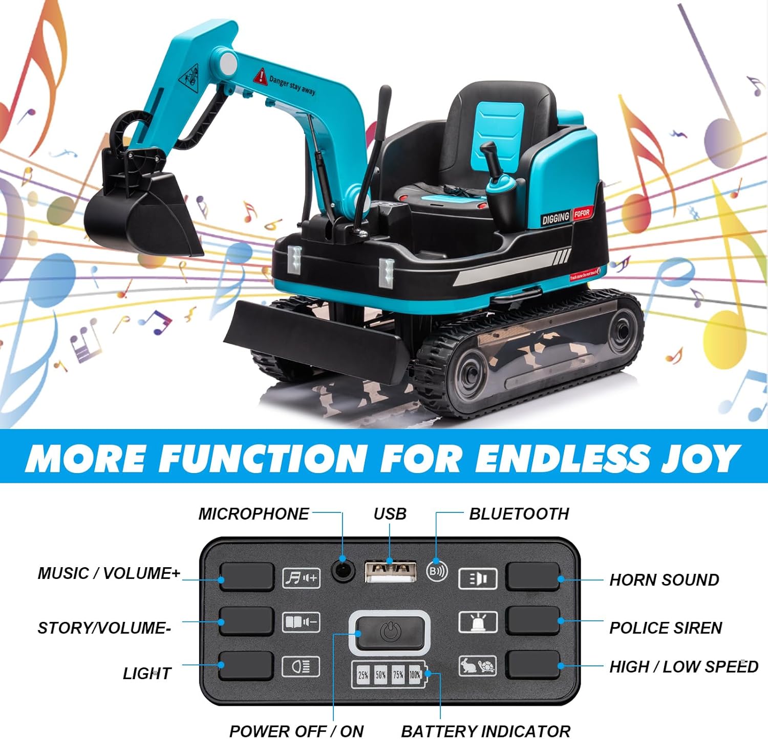 360 Degree Rotating Ride On Excavator and Bulldozer,12V12AH Battery Powered Ride On Toy Backhoe W/Track Design Wheels for All Terrain,Remote Control,MP3,Toolbox for Kids,Parent🔥