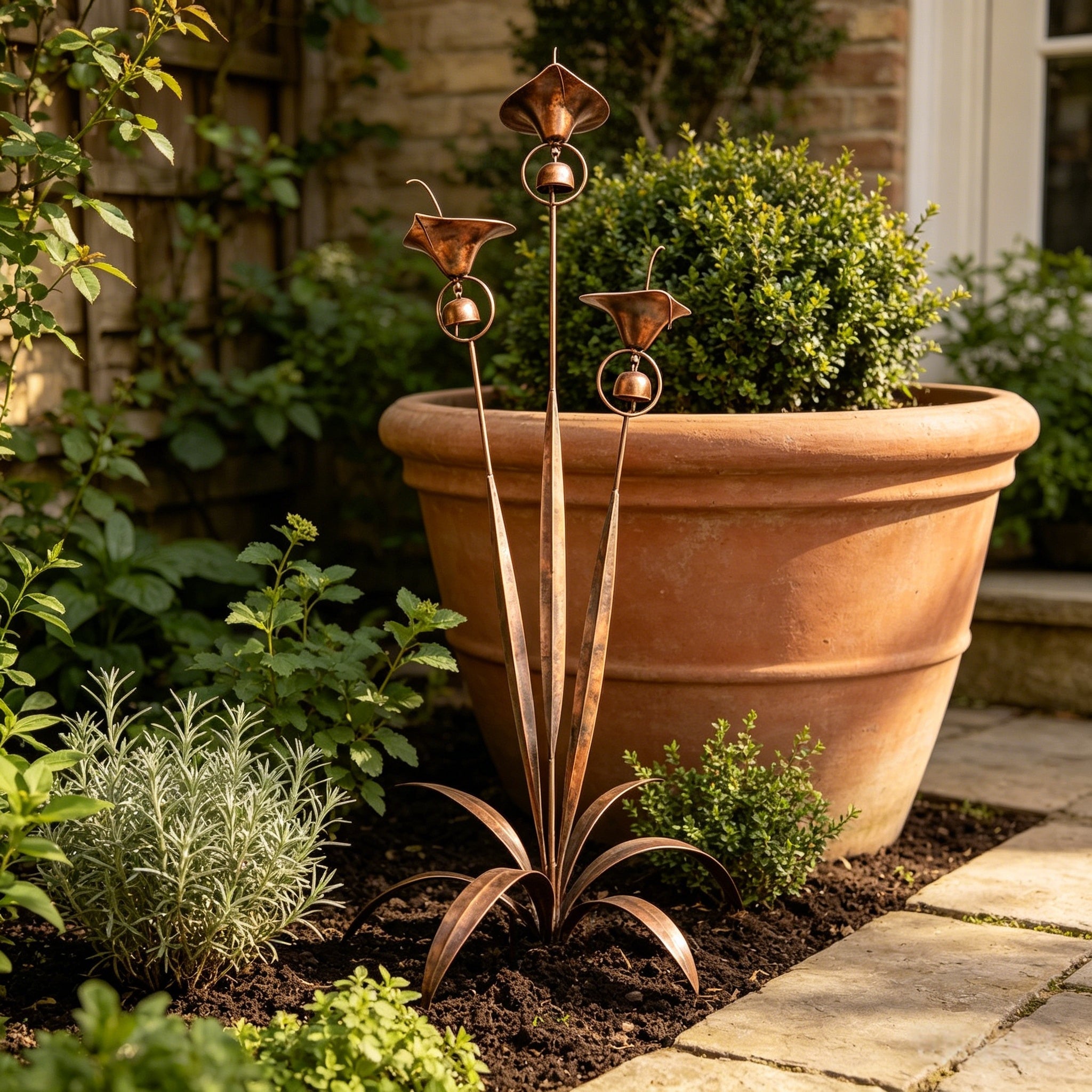 Flamed Copper Three Calla Lilies Garden Stake with Bells, 28" Handcrafted Outdoor Yard Art🔥
