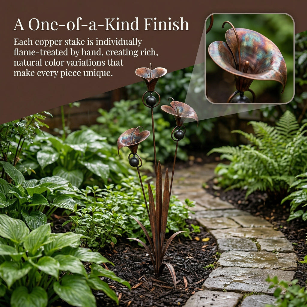 Flamed Copper Three Calla Lilies Garden Stake with Bells, 28" Handcrafted Outdoor Yard Art🔥