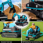 360 Degree Rotating Ride On Excavator and Bulldozer,12V12AH Battery Powered Ride On Toy Backhoe W/Track Design Wheels for All Terrain,Remote Control,MP3,Toolbox for Kids,Parent🔥