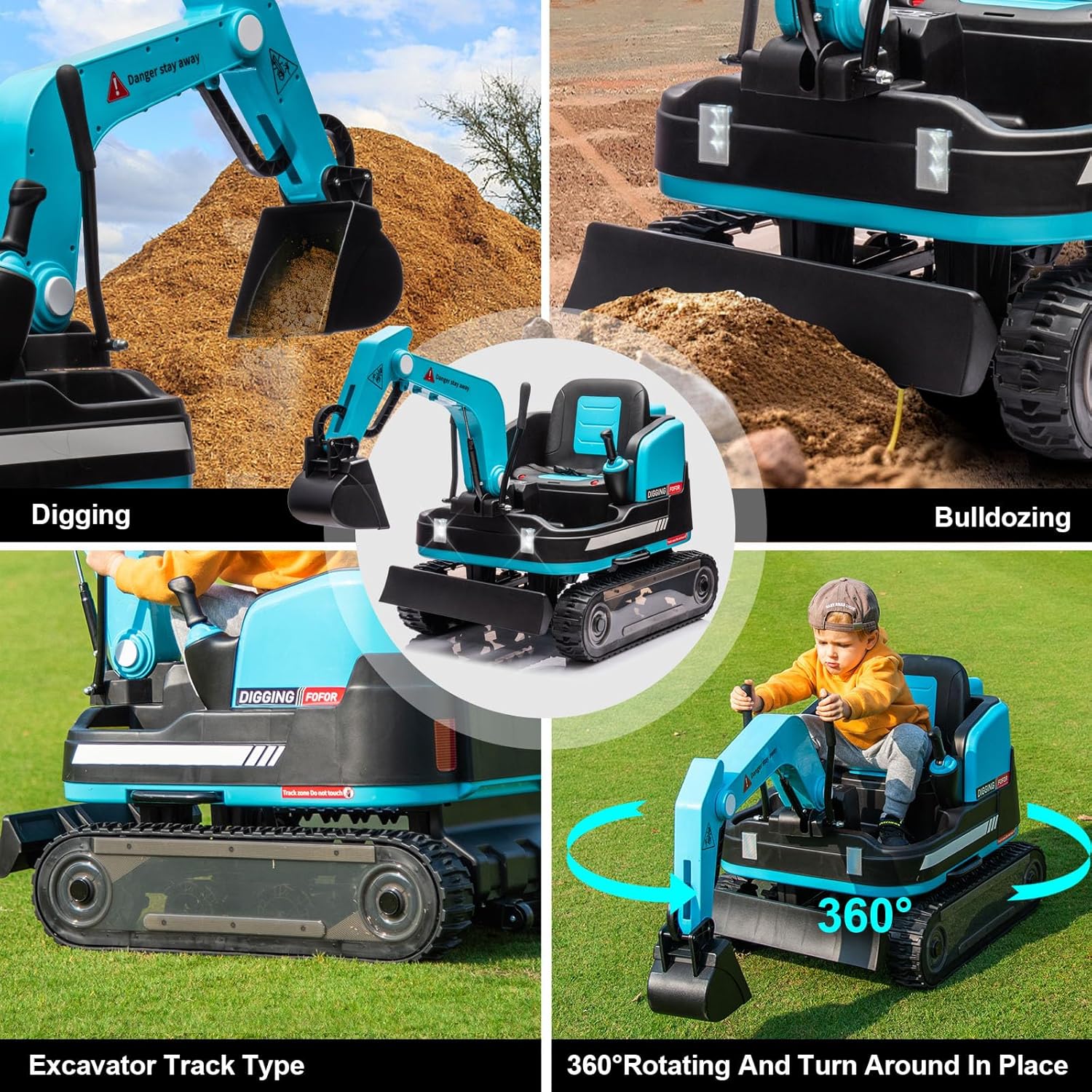 360 Degree Rotating Ride On Excavator and Bulldozer,12V12AH Battery Powered Ride On Toy Backhoe W/Track Design Wheels for All Terrain,Remote Control,MP3,Toolbox for Kids,Parent🔥