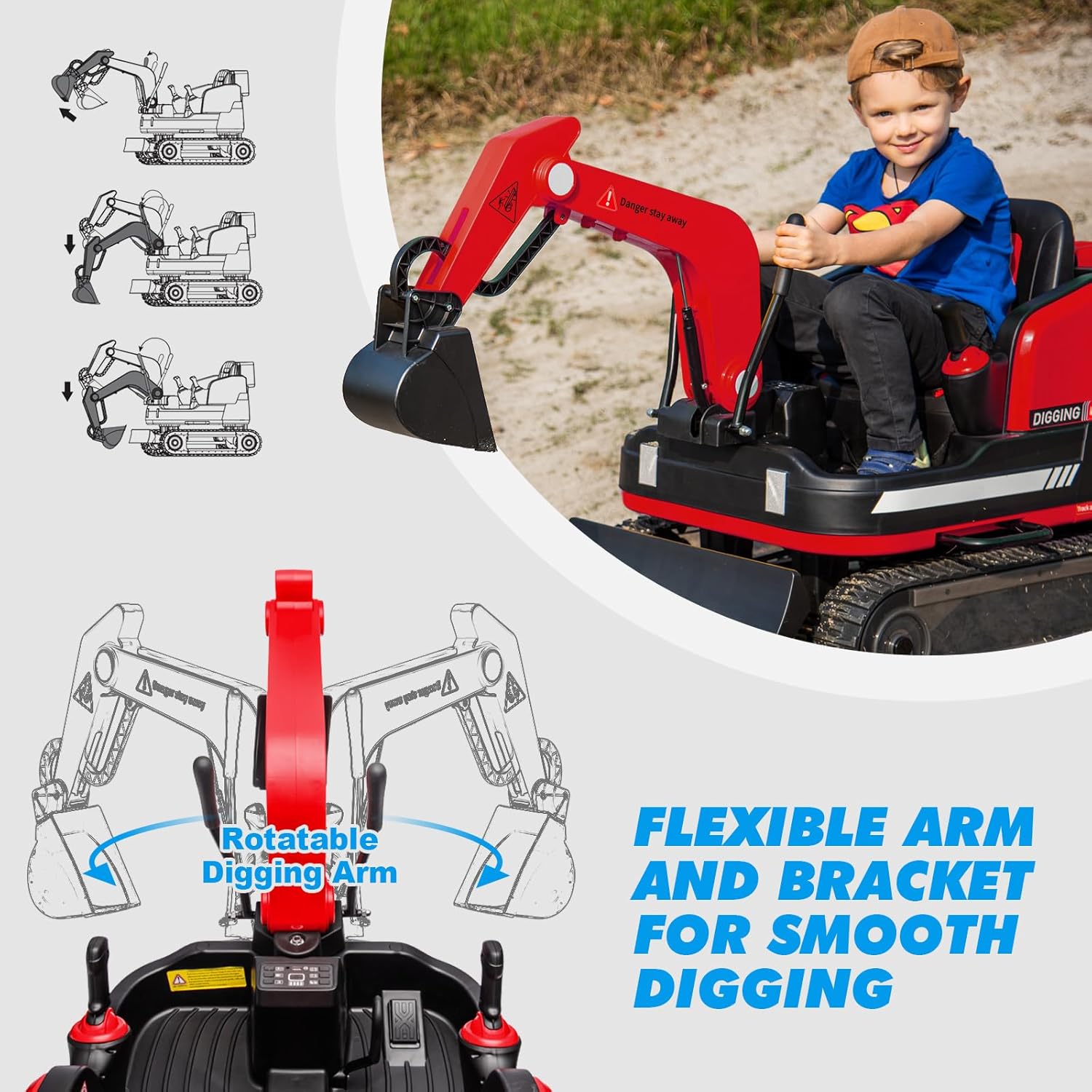 360 Degree Rotating Ride On Excavator and Bulldozer,12V12AH Battery Powered Ride On Toy Backhoe W/Track Design Wheels for All Terrain,Remote Control,MP3,Toolbox for Kids,Parent🔥