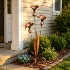Flamed Copper Three Calla Lilies Garden Stake with Bells, 28" Handcrafted Outdoor Yard Art🔥