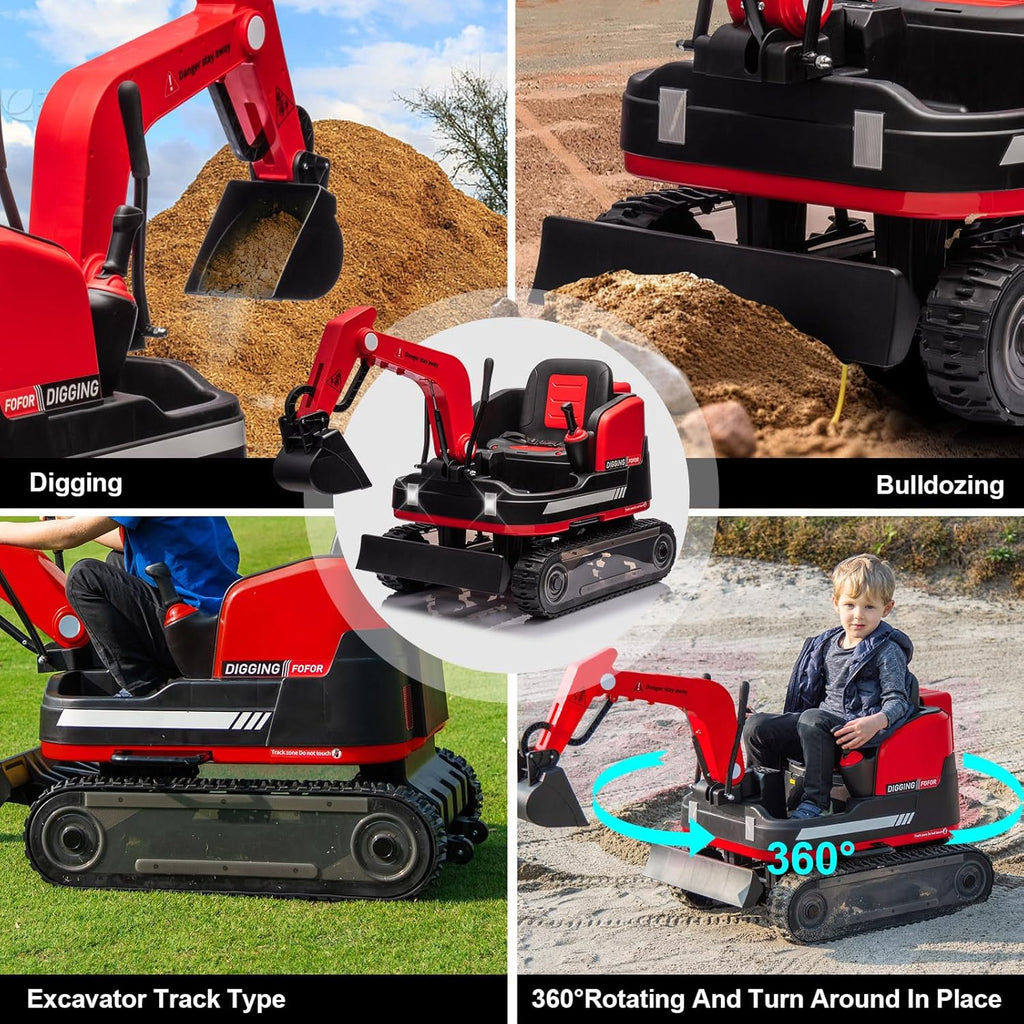 360 Degree Rotating Ride On Excavator and Bulldozer,12V12AH Battery Powered Ride On Toy Backhoe W/Track Design Wheels for All Terrain,Remote Control,MP3,Toolbox for Kids,Parent🔥