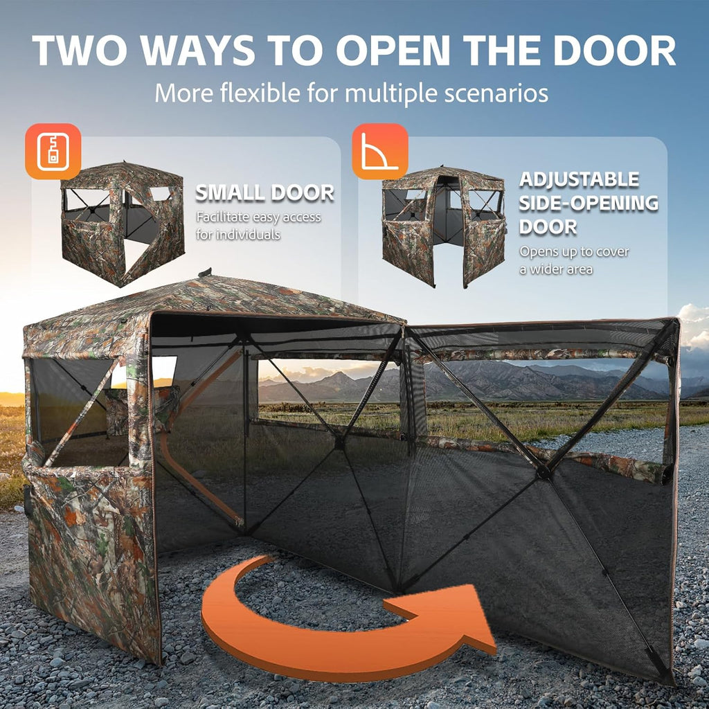 Hunting Blind 360 Degree See Through Double Door Ground Blind for Hunting, 2/3 Person Pop Up Portable Camouflage Deer/Turkey Tent with Blaze Orange Panels🔥