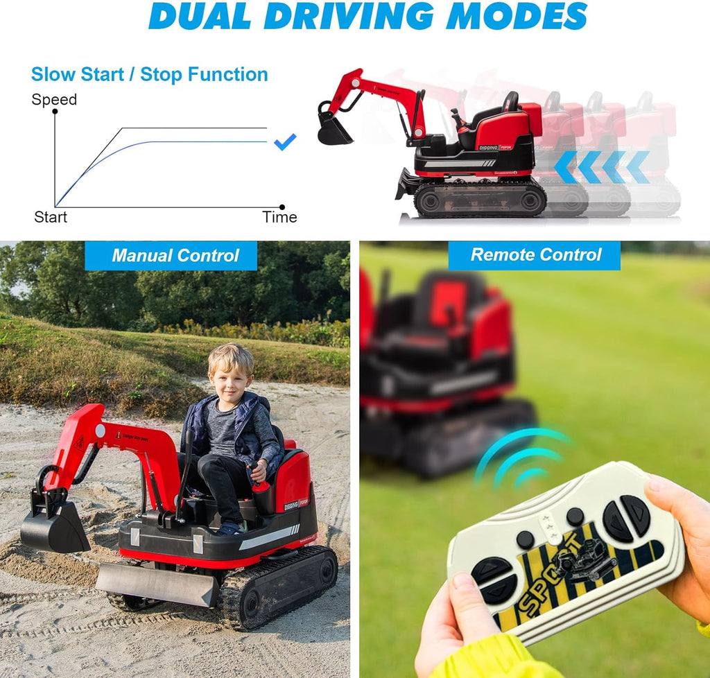 360 Degree Rotating Ride On Excavator and Bulldozer,12V12AH Battery Powered Ride On Toy Backhoe W/Track Design Wheels for All Terrain,Remote Control,MP3,Toolbox for Kids,Parent🔥