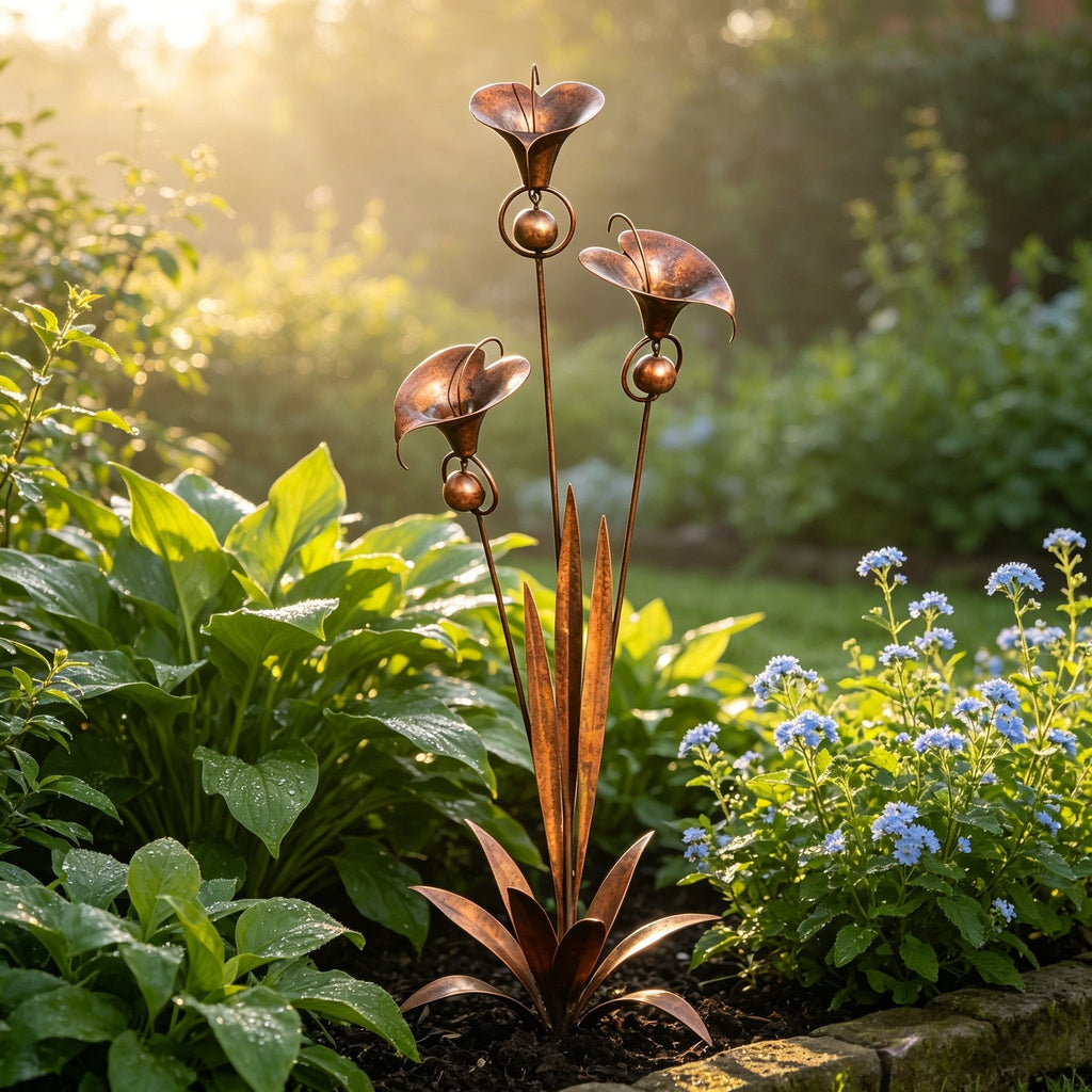 Flamed Copper Three Calla Lilies Garden Stake with Bells, 28" Handcrafted Outdoor Yard Art🔥