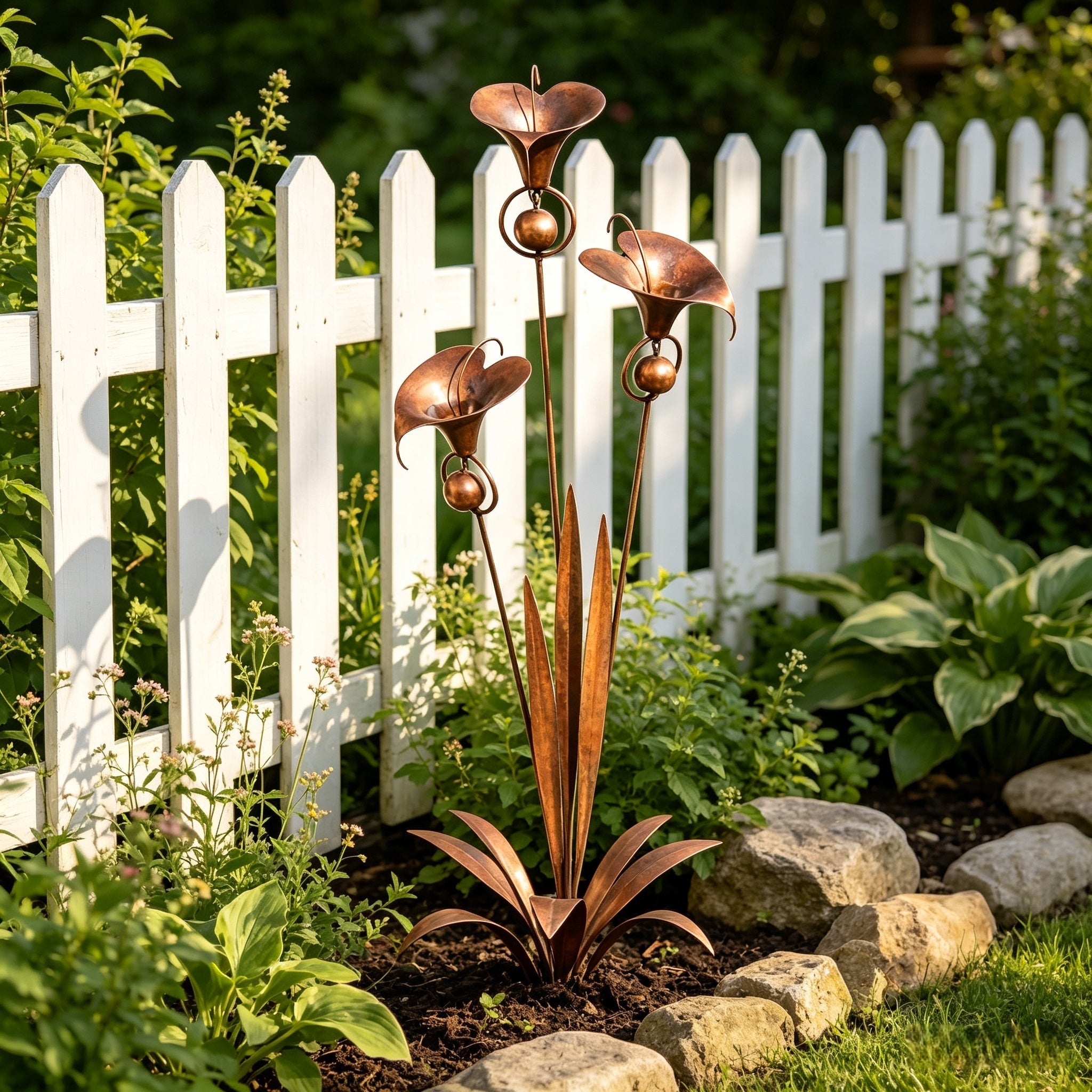 Flamed Copper Three Calla Lilies Garden Stake with Bells, 28" Handcrafted Outdoor Yard Art🔥
