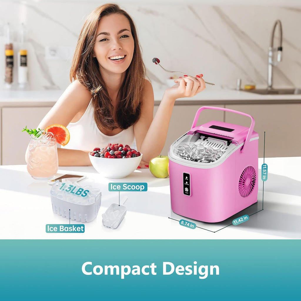 Countertop Ice Maker Machine with Handle, 26.5lbs Per Day, 9 Cubes in 6 Mins, Auto-Cleaning Portable Ice Maker with Basket and Scoop, for Home/Kitchen/Camping/RV🔥
