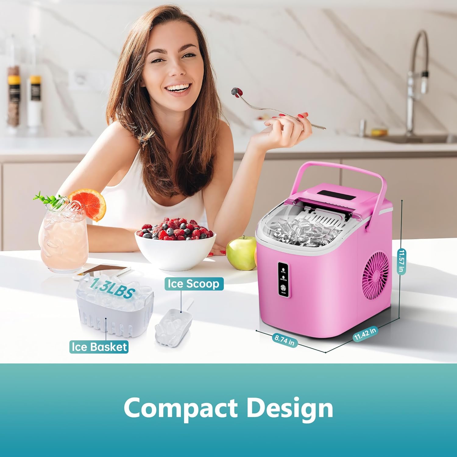 Countertop Ice Maker Machine with Handle, 26.5lbs Per Day, 9 Cubes in 6 Mins, Auto-Cleaning Portable Ice Maker with Basket and Scoop, for Home/Kitchen/Camping/RV🔥