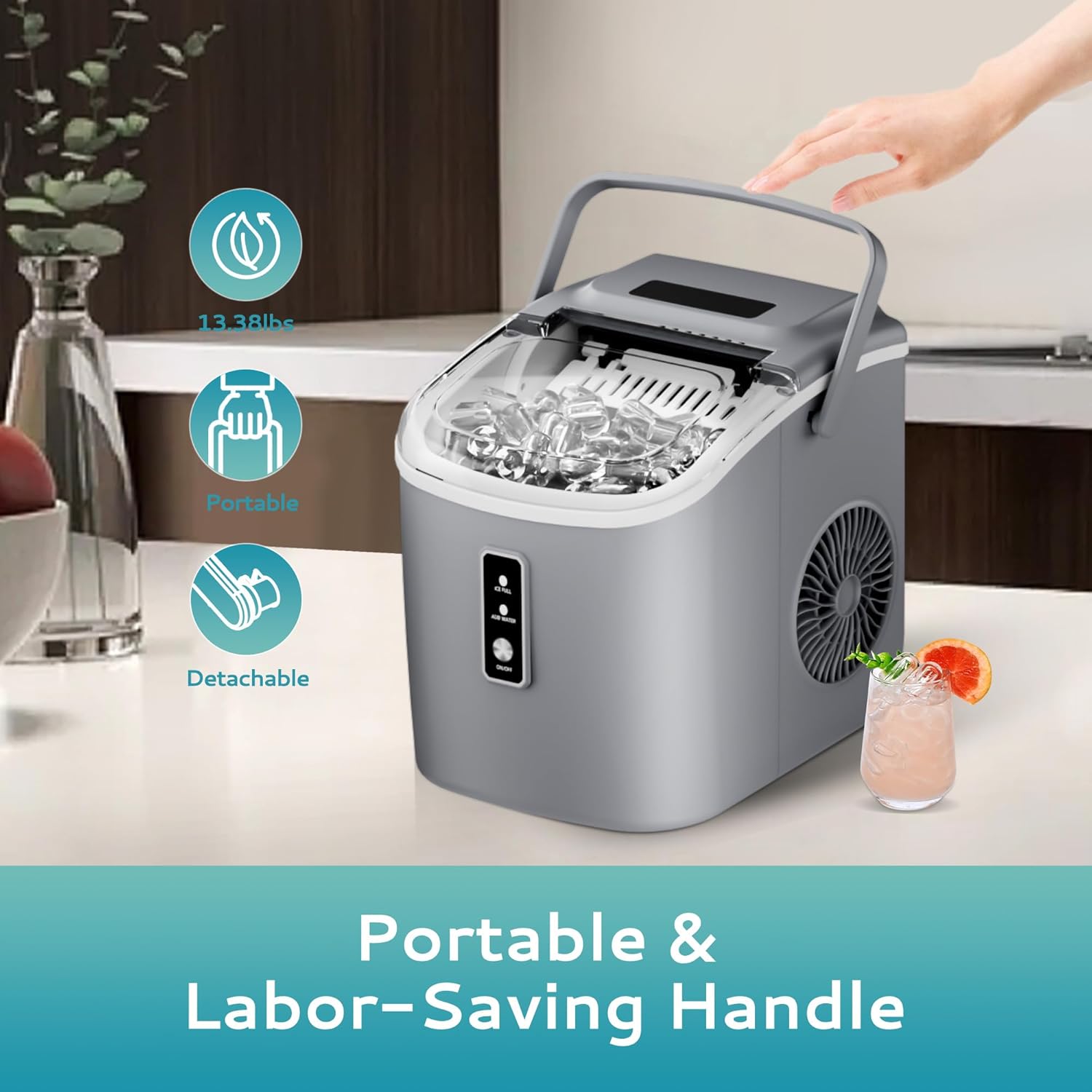 Countertop Ice Maker Machine with Handle, 26.5lbs Per Day, 9 Cubes in 6 Mins, Auto-Cleaning Portable Ice Maker with Basket and Scoop, for Home/Kitchen/Camping/RV🔥