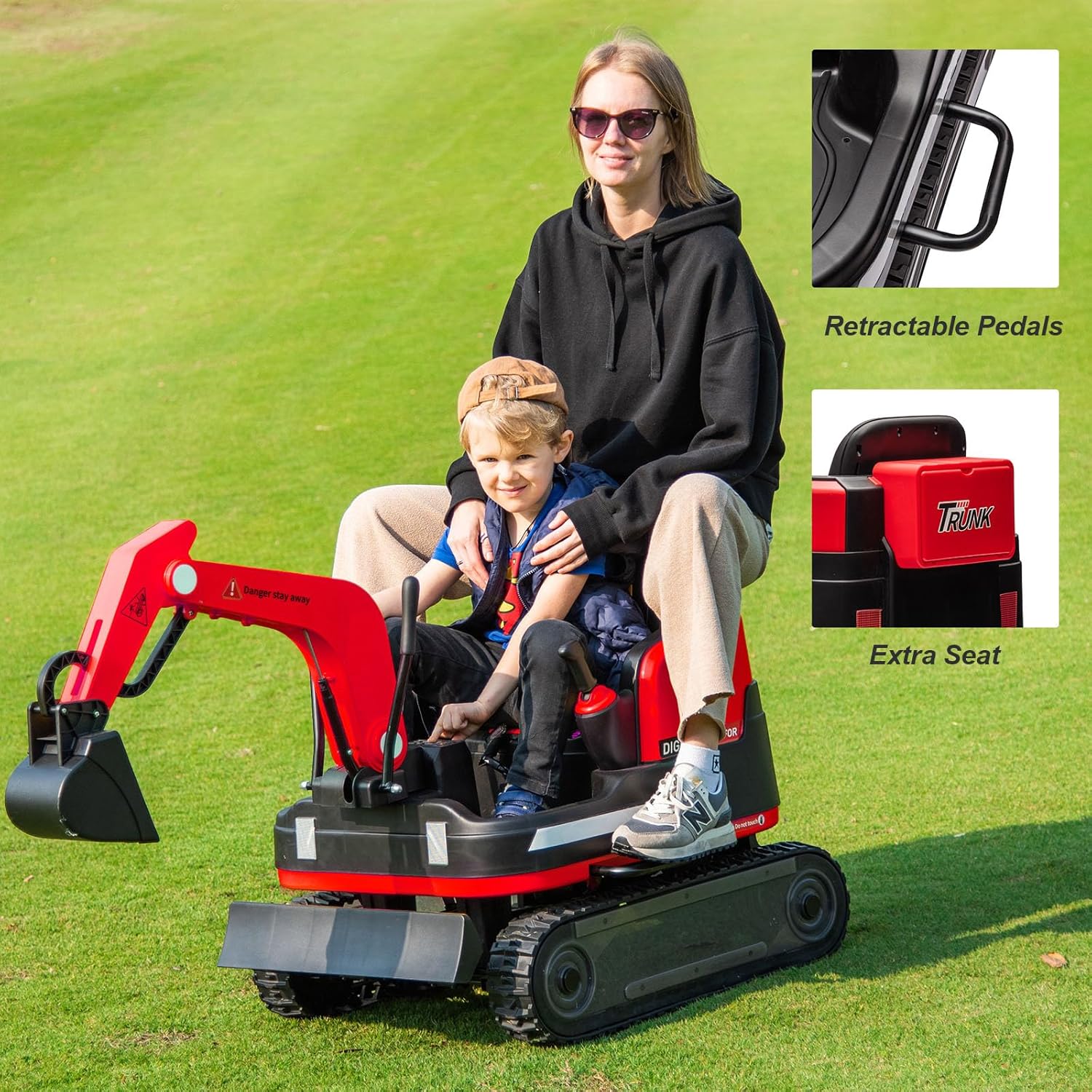 360 Degree Rotating Ride On Excavator and Bulldozer,12V12AH Battery Powered Ride On Toy Backhoe W/Track Design Wheels for All Terrain,Remote Control,MP3,Toolbox for Kids,Parent🔥