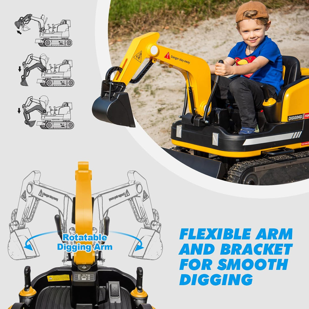360 Degree Rotating Ride On Excavator and Bulldozer,12V12AH Battery Powered Ride On Toy Backhoe W/Track Design Wheels for All Terrain,Remote Control,MP3,Toolbox for Kids,Parent🔥