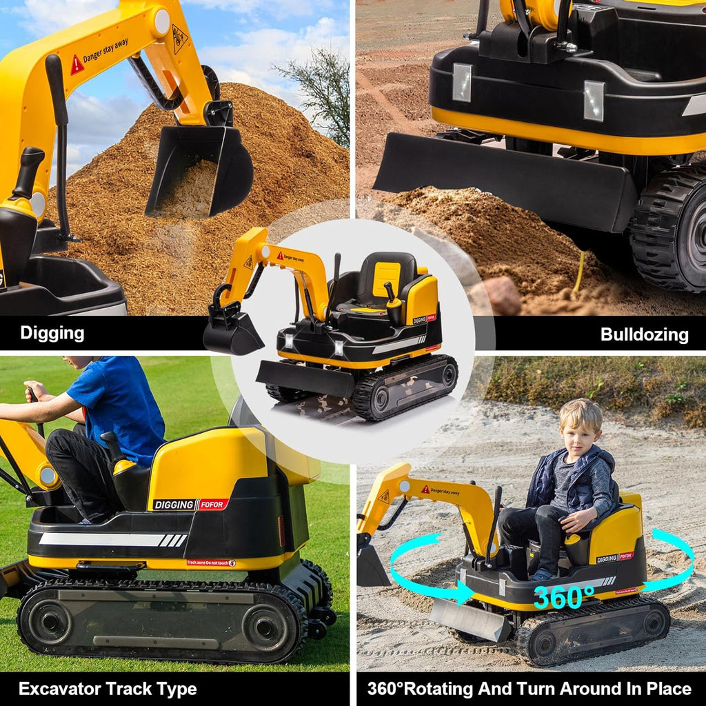 360 Degree Rotating Ride On Excavator and Bulldozer,12V12AH Battery Powered Ride On Toy Backhoe W/Track Design Wheels for All Terrain,Remote Control,MP3,Toolbox for Kids,Parent🔥
