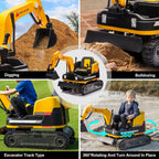 360 Degree Rotating Ride On Excavator and Bulldozer,12V12AH Battery Powered Ride On Toy Backhoe W/Track Design Wheels for All Terrain,Remote Control,MP3,Toolbox for Kids,Parent🔥