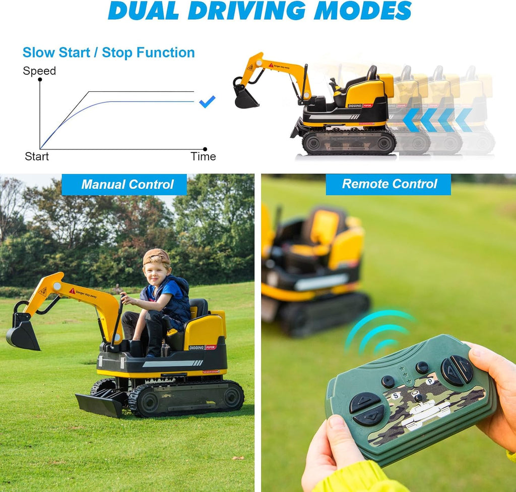 360 Degree Rotating Ride On Excavator and Bulldozer,12V12AH Battery Powered Ride On Toy Backhoe W/Track Design Wheels for All Terrain,Remote Control,MP3,Toolbox for Kids,Parent🔥