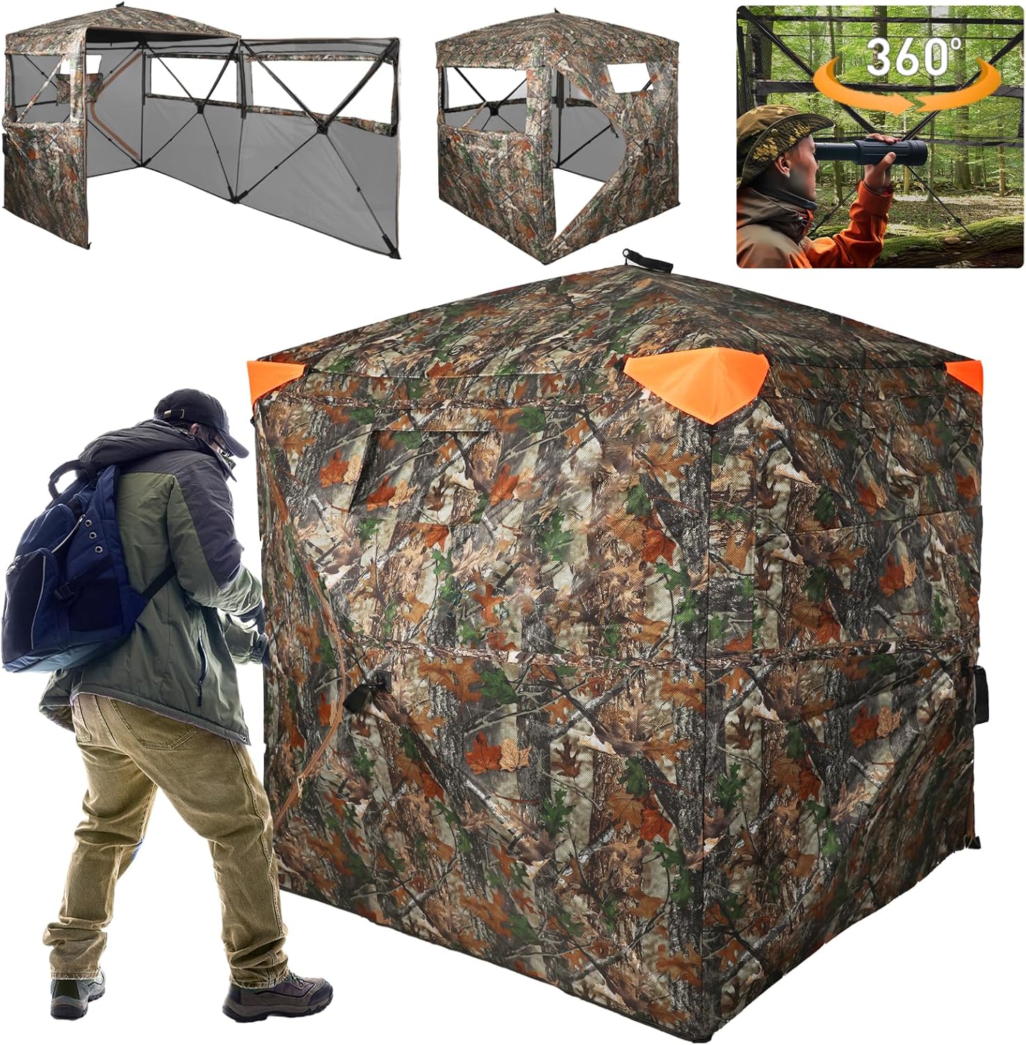 Hunting Blind 360 Degree See Through Double Door Ground Blind for Hunting, 2/3 Person Pop Up Portable Camouflage Deer/Turkey Tent with Blaze Orange Panels🔥