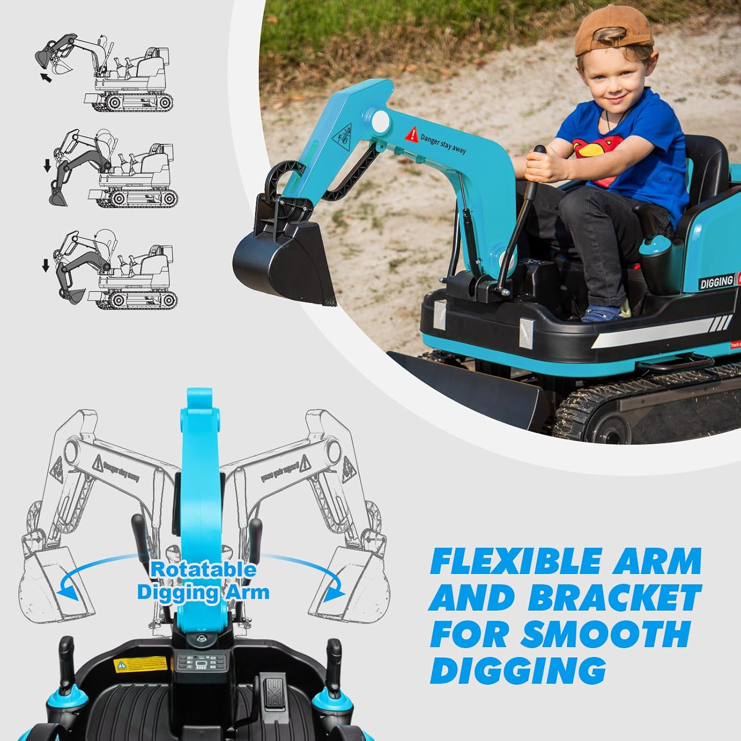 360 Degree Rotating Ride On Excavator and Bulldozer,12V12AH Battery Powered Ride On Toy Backhoe W/Track Design Wheels for All Terrain,Remote Control,MP3,Toolbox for Kids,Parent🔥