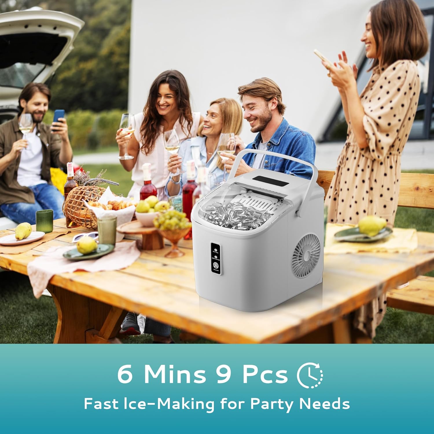 Countertop Ice Maker Machine with Handle, 26.5lbs Per Day, 9 Cubes in 6 Mins, Auto-Cleaning Portable Ice Maker with Basket and Scoop, for Home/Kitchen/Camping/RV🔥