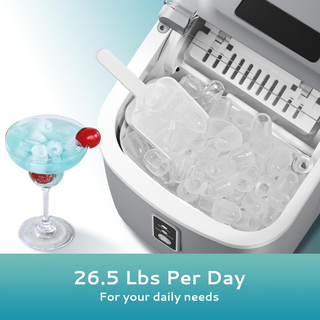 Countertop Ice Maker Machine with Handle, 26.5lbs Per Day, 9 Cubes in 6 Mins, Auto-Cleaning Portable Ice Maker with Basket and Scoop, for Home/Kitchen/Camping/RV🔥