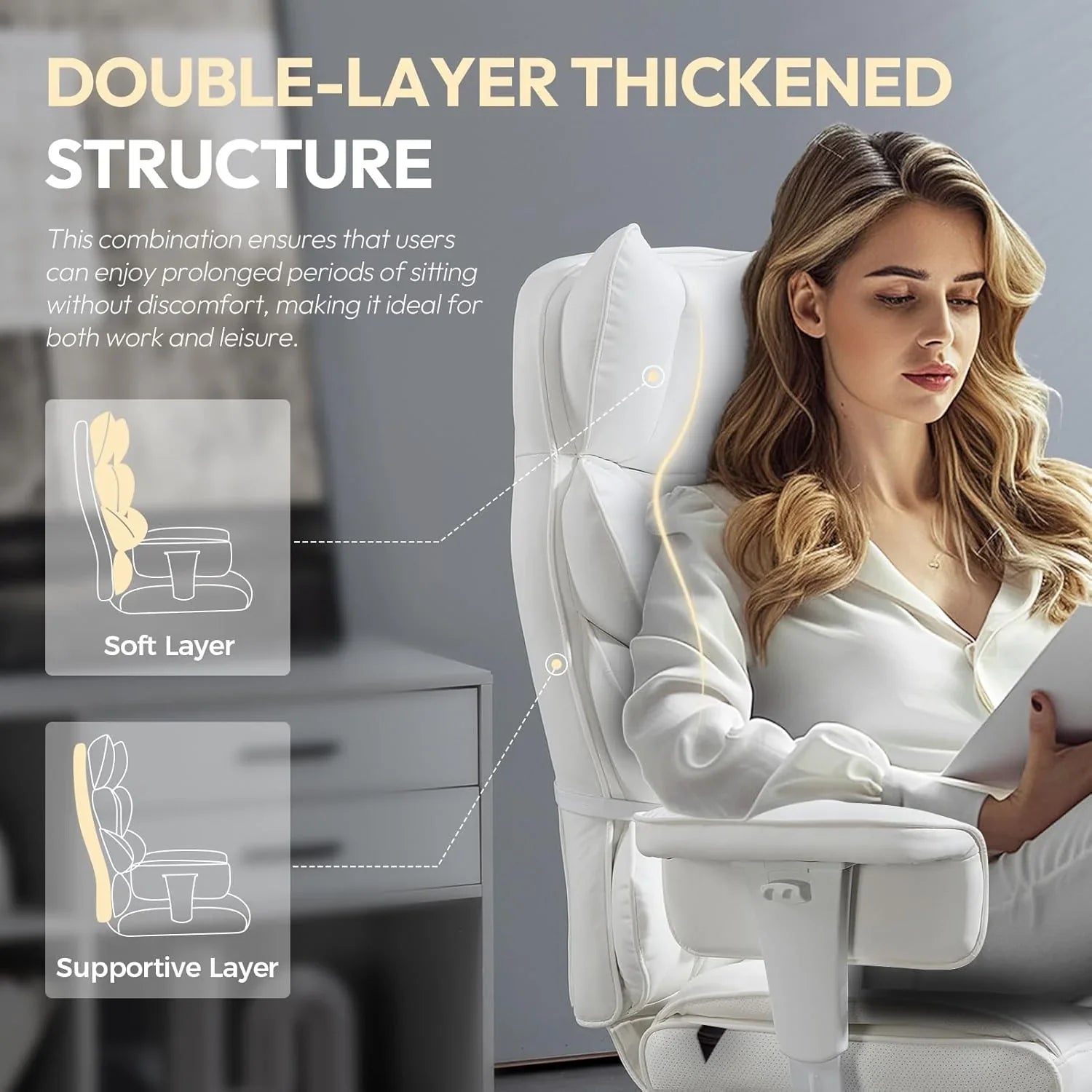 Big and Tall Office Chair with Pocket Spring Cushion,High Back Computer Gaming Chairs with Adjustable Armrests and Lumbar Support,Executive Desk Chairs with Footrest(PU Leather,White)🔥