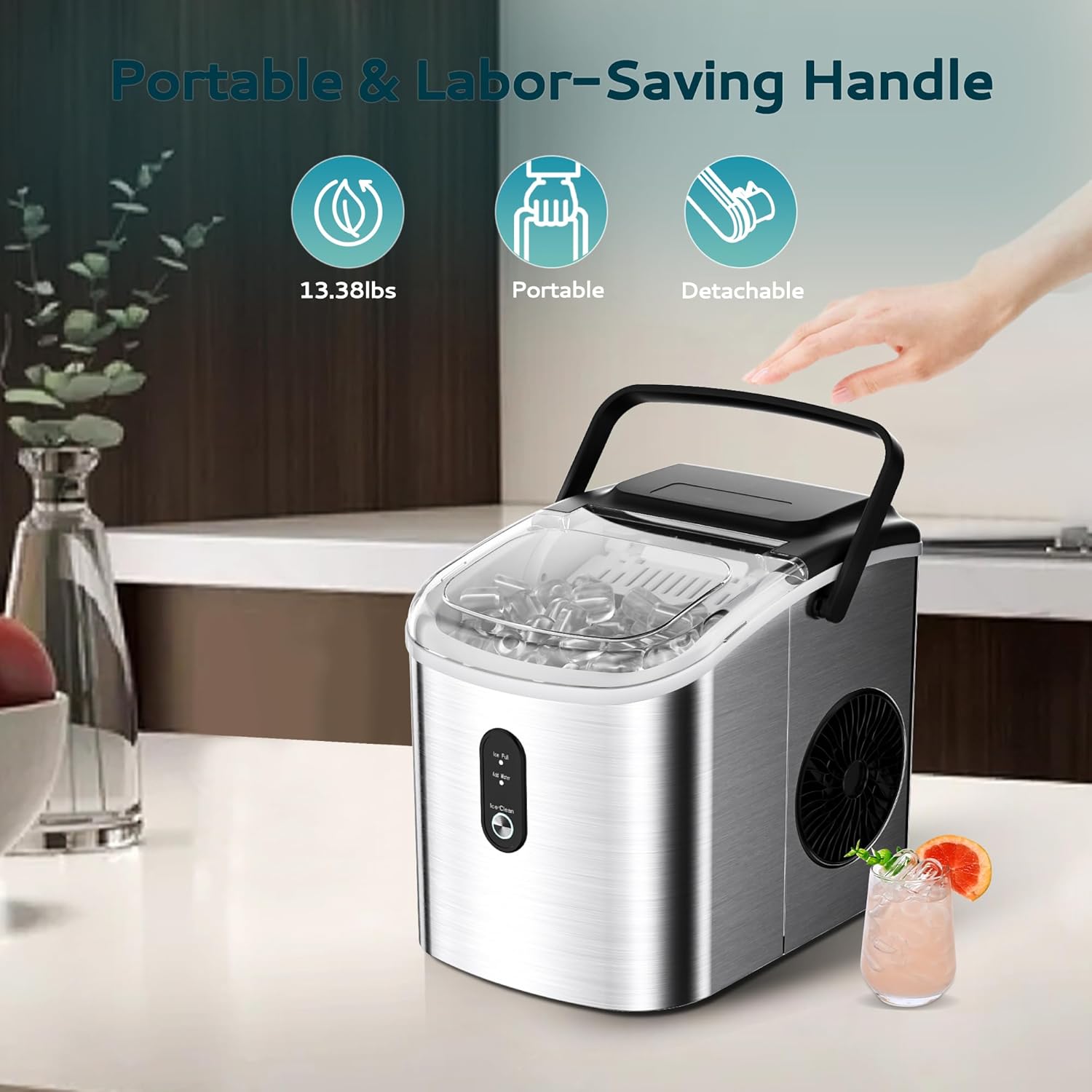 Countertop Ice Maker Machine with Handle, 26.5lbs Per Day, 9 Cubes in 6 Mins, Auto-Cleaning Portable Ice Maker with Basket and Scoop, for Home/Kitchen/Camping/RV🔥