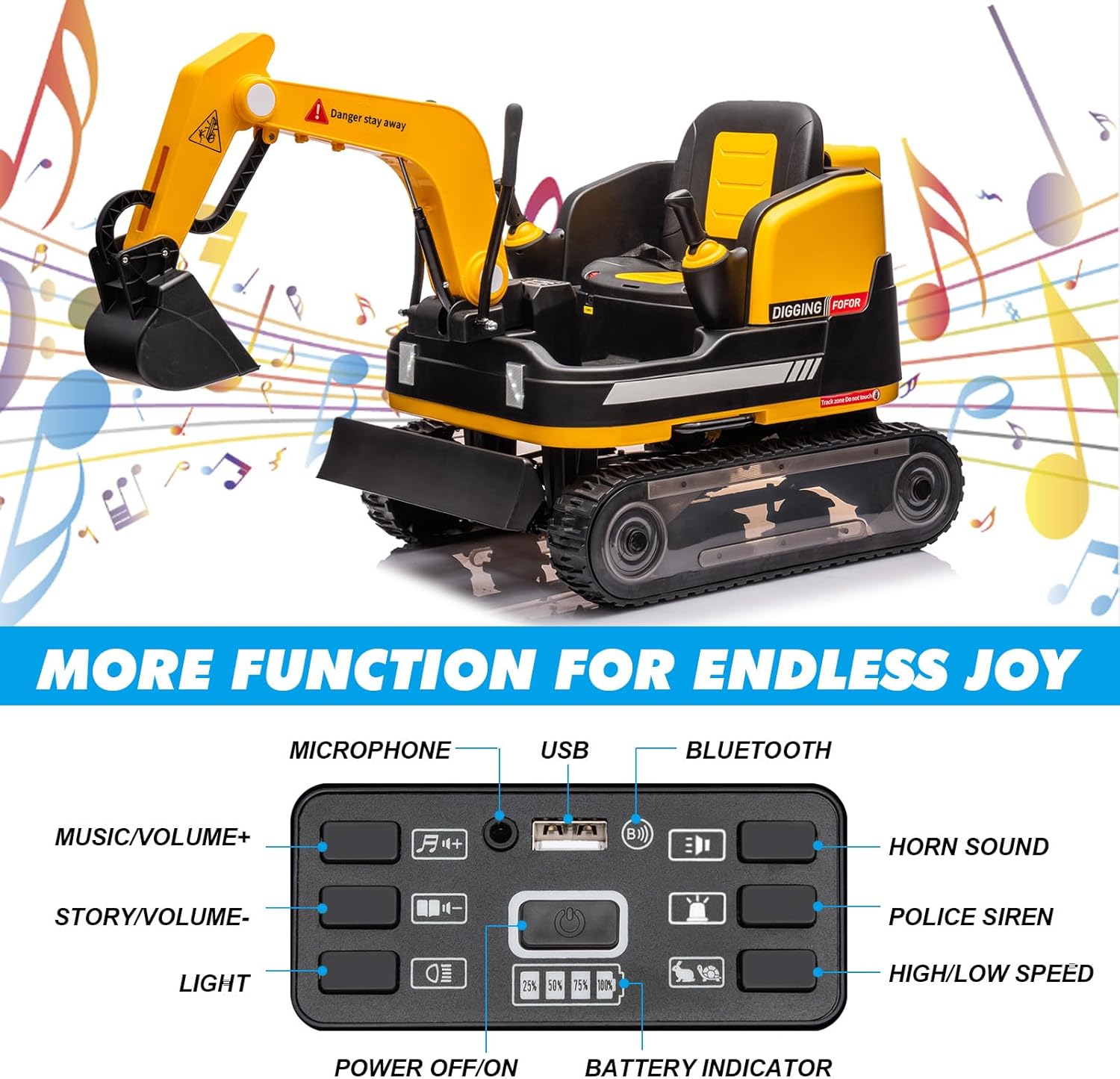 360 Degree Rotating Ride On Excavator and Bulldozer,12V12AH Battery Powered Ride On Toy Backhoe W/Track Design Wheels for All Terrain,Remote Control,MP3,Toolbox for Kids,Parent🔥