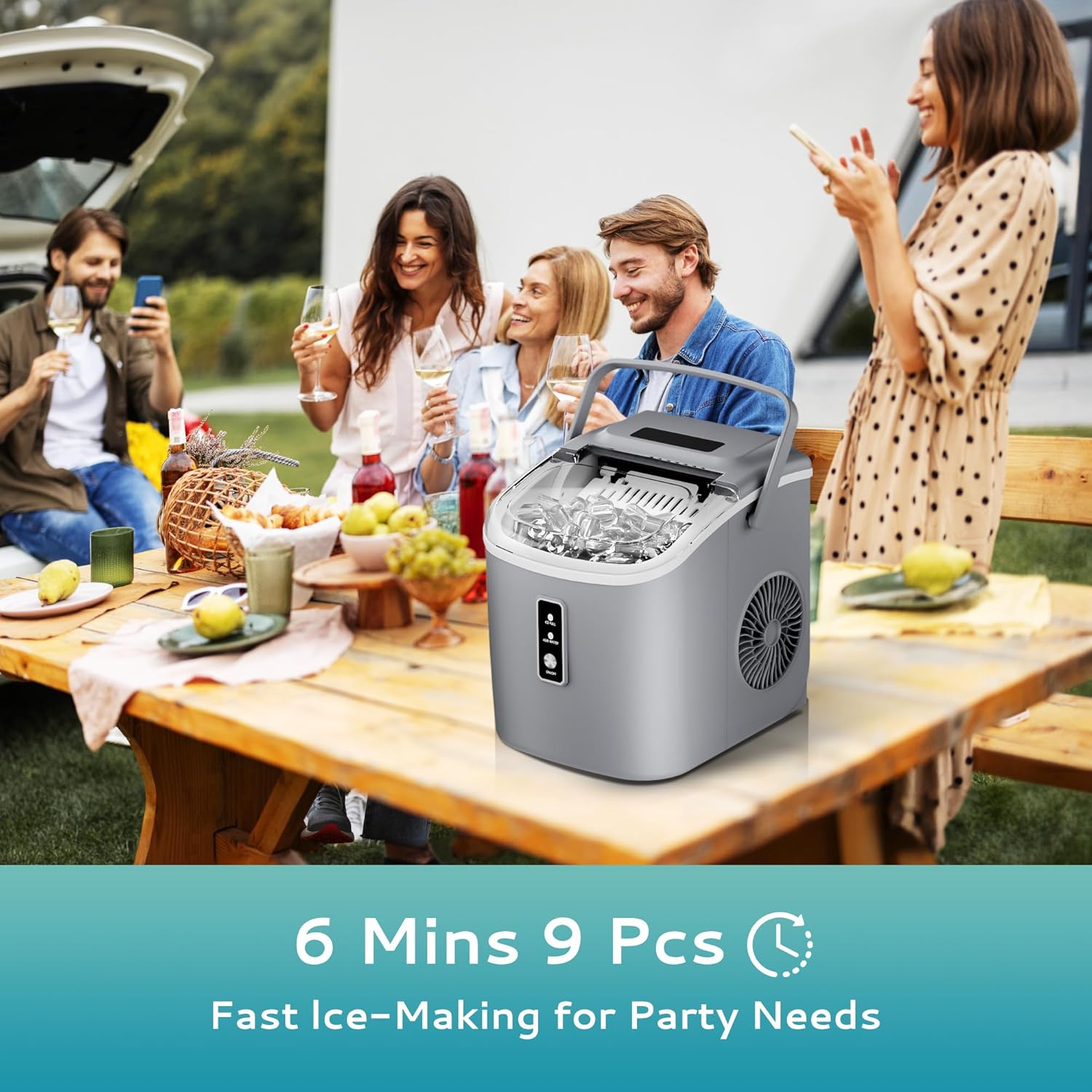 Countertop Ice Maker Machine with Handle, 26.5lbs Per Day, 9 Cubes in 6 Mins, Auto-Cleaning Portable Ice Maker with Basket and Scoop, for Home/Kitchen/Camping/RV🔥